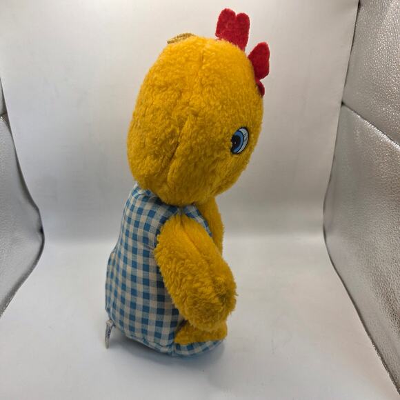 Vintage 1980s Plush Chick Yellow Stuffed Animal in Blue Gingham Romper Haiti - Picture 3 of 13